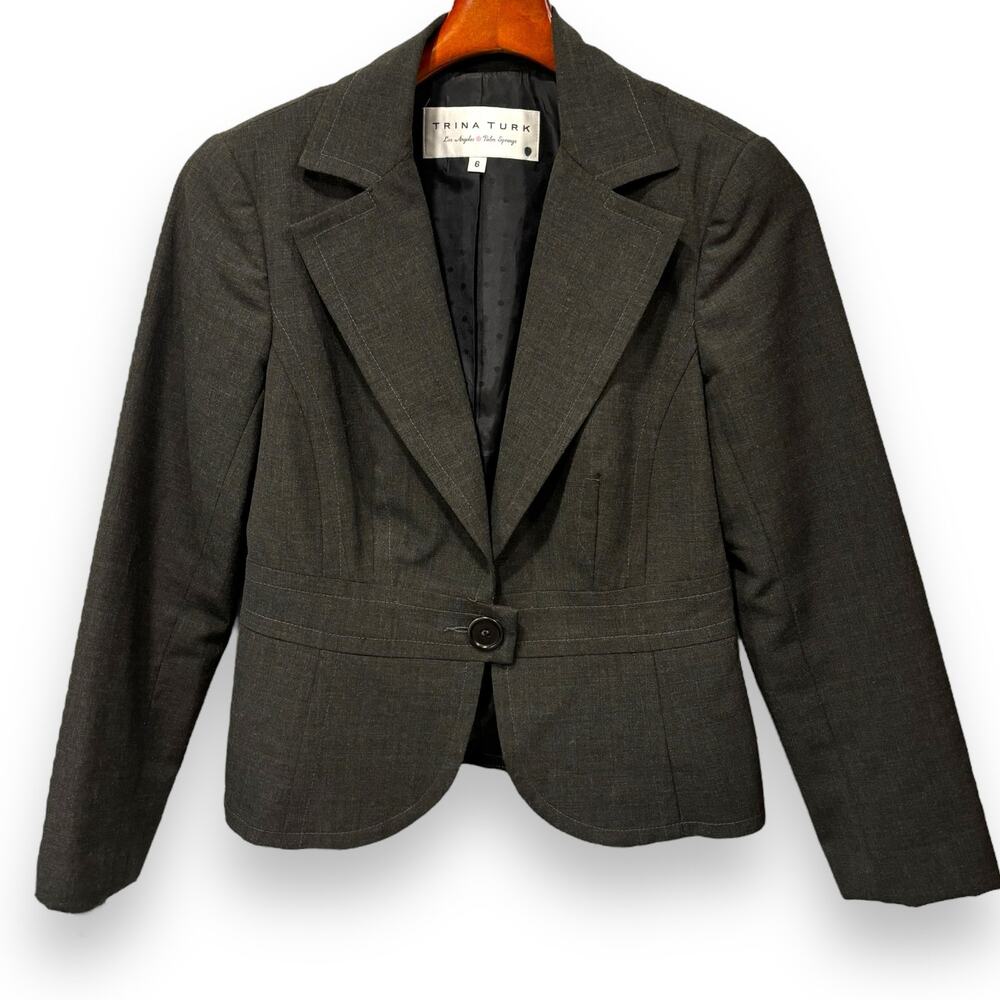 Trina Turk Cropped Single Button Blazer Size 6 Flattering Seaming Charcoal Gray